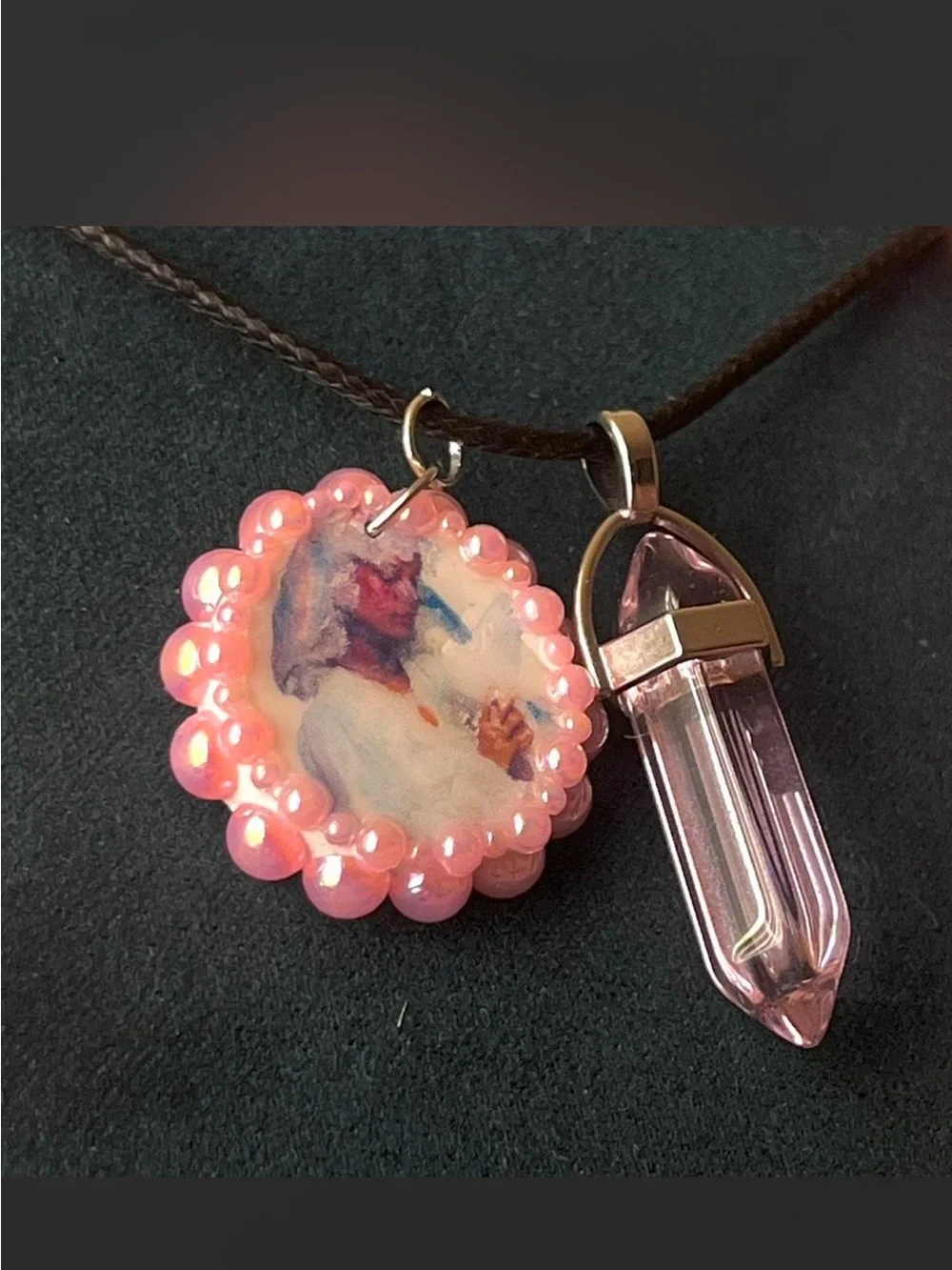 Pink Beaded Portrait Pendant Necklace with Pink Crystal Point